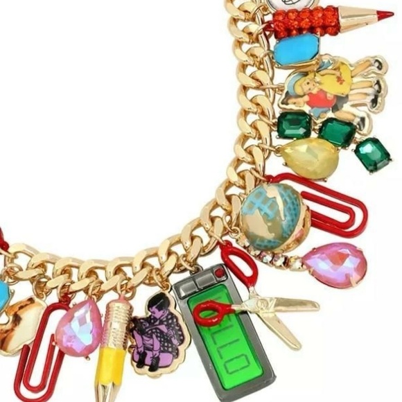 Betsey Johnson Faux Stone Back To School Statement Necklace Chunky Gold NWT - Picture 3 of 3